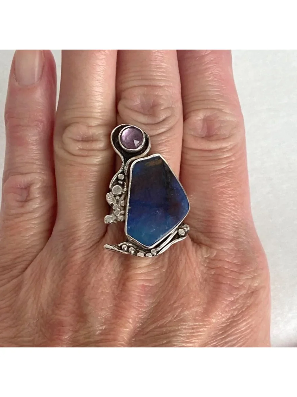 Sterling Silver 925 Brutalist Modernist Amethyst & Agate Ring Adjustable 7.5 - 8
